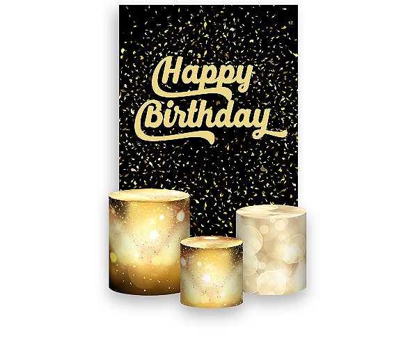 Painel De Festa Vertical 1,50 x 2,20 + Trio De Capas Cilindro - Happy Birthday Confetes Dourados 014