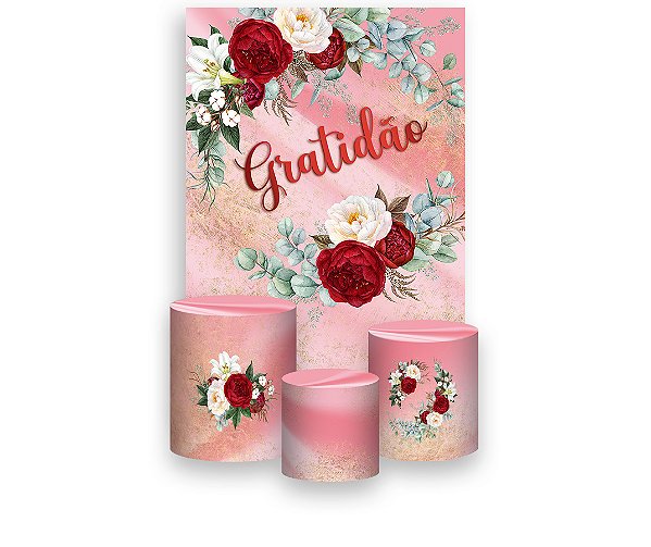 Painel De Festa Vertical 1,50 x 2,20 + Trio De Capas Cilindro - Gratidão Efeito Mármore Floral 017