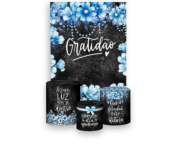 Painel De Festa Vertical 1,50 x 2,20 + Trio De Capas Cilindro -  Gratidão Chalkboard Flores Azuis 018