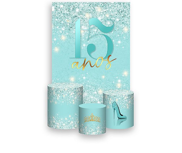 Painel De Festa Vertical 1,50 x 2,20 + Trio De Capas Cilindro - Princesa 15 Anos Efeito Glitter 024