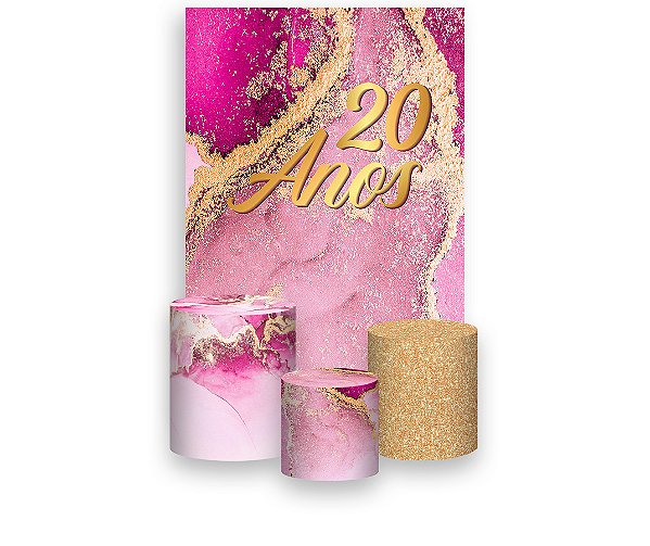 Painel De Festa Vertical 1,50 x 2,20 + Trio De Capas Cilindro - Efeito Mármore Pink com Dourado  20 Anos 042