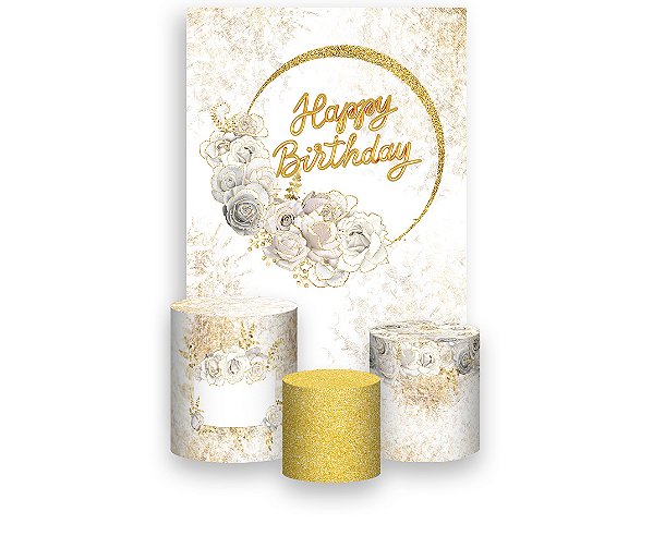 Painel De Festa Vertical 1,50 x 2,20 + Trio De Capas Cilindro - Flores Brancas Happy Birthday 045