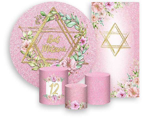 Painel De Festa + Trio De Capas Cilindro + Faixa Veste Fácil - Bar Mitzvá Rosa com Dourado 016