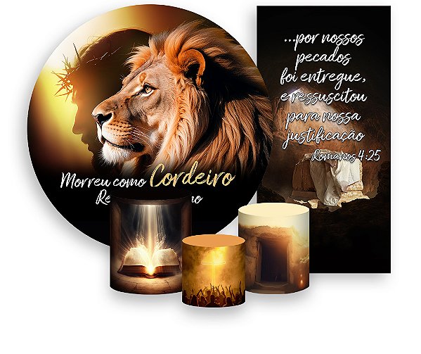 Painel De Festa + Trio De Capas Cilindro + Faixa Veste Fácil - Religioso Ressuscitou como Leão 018