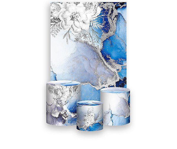Painel De Festa Vertical 1,50 x 2,20 + Trio De Capas Cilindro - Efeito Mármore Azul e Prateado 051