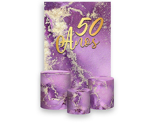 Painel De Festa Vertical 1,50 x 2,20 + Trio De Capas Cilindro - Efeito Mármore Roxo com Dourado 50 Anos 060