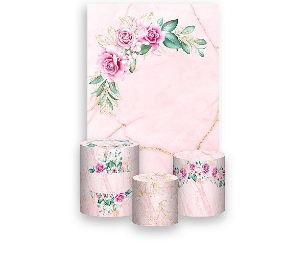 Painel De Festa Vertical 1,50 x 2,20 + Trio De Capas Cilindro - Efeito Mármore Rosa com Dourado 067