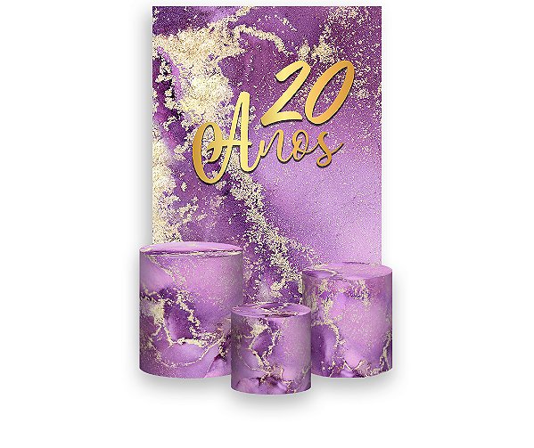 Painel De Festa Vertical 1,50 x 2,20 + Trio De Capas Cilindro - Efeito Mármore Roxo com Dourado 20 Anos 064