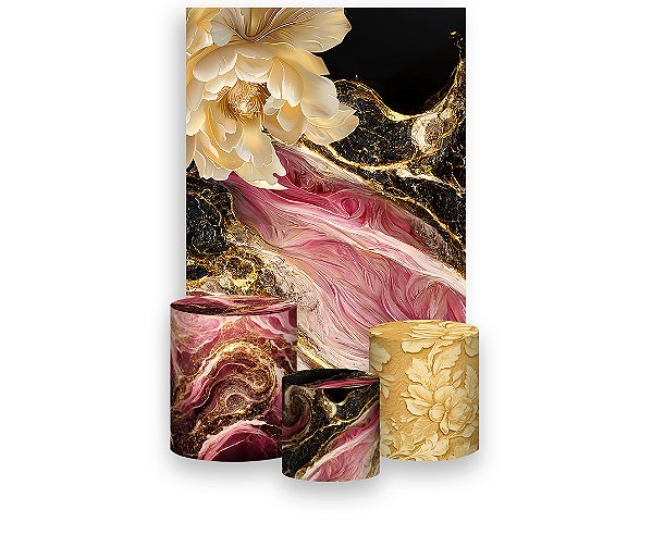 Painel De Festa Vertical 1,50 x 2,20 + Trio De Capas Cilindro - Flores Efeito Mármore Rosa com Dourado 075