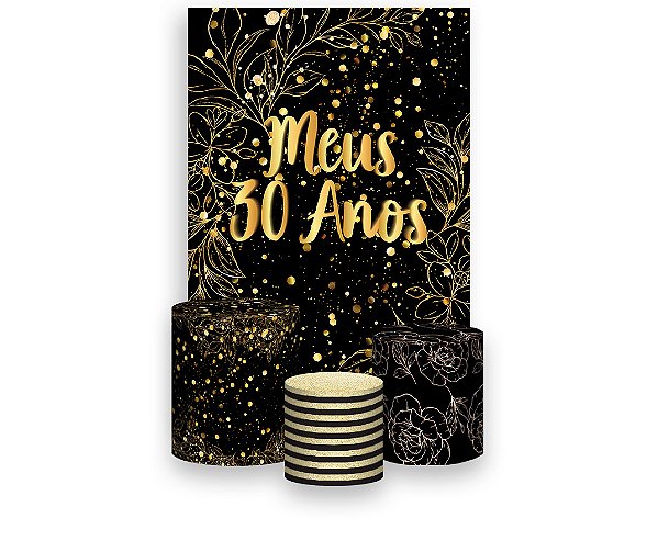 Painel De Festa Vertical 1,50 x 2,20 + Trio De Capas Cilindro - Efeito Brilhos 30 Anos Dourado 081