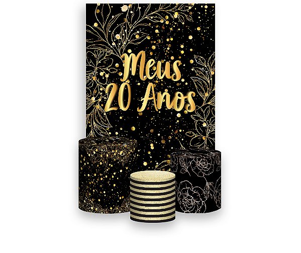 Painel De Festa Vertical 1,50 x 2,20 + Trio De Capas Cilindro - Efeito Brilhos 20 Anos Dourado 082