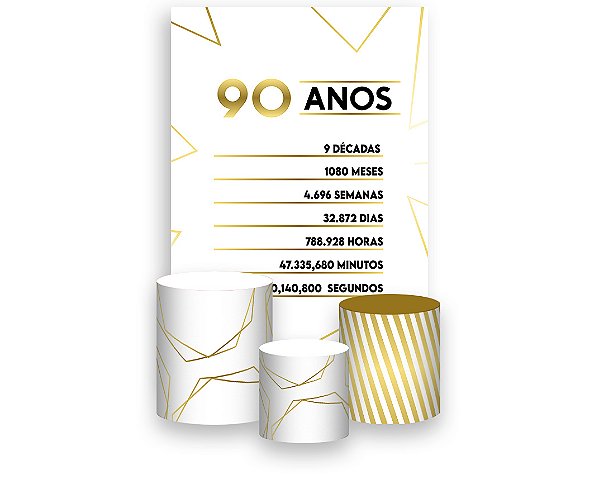 Painel De Festa Vertical 1,50 x 2,20 + Trio De Capas Cilindro - Efeito Geométrico Dourado 90 Anos 085