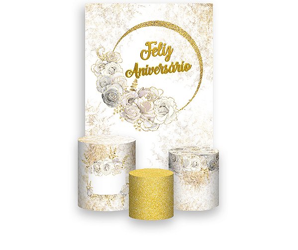 Painel De Festa Vertical 1,50 x 2,20 + Trio De Capas Cilindro - Flores Brancas Feliz Aniversário 100