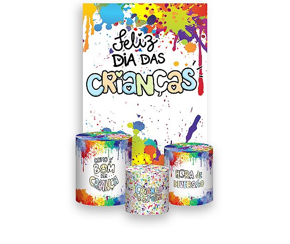 Painel De Festa Vertical 1,50 x 2,20 + Trio De Capas Cilindro - Feliz Dia das Crianças Tintas 041