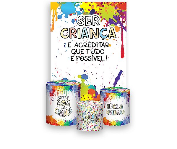 Painel De Festa Vertical 1,50 x 2,20 + Trio De Capas Cilindro - Dia das Crianças Pingos de Tinta 044