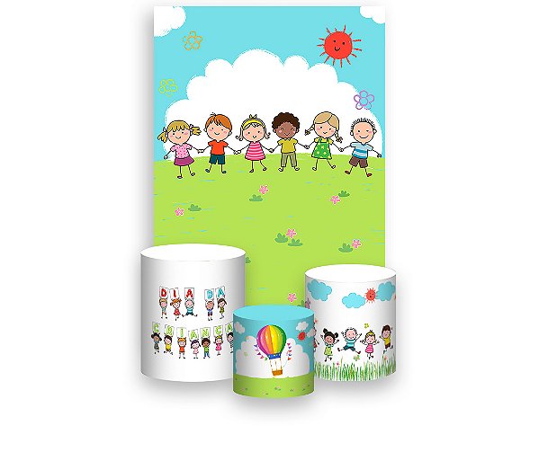 Painel De Festa Vertical 1,50 x 2,20 + Trio De Capas Cilindro - Dia das Crianças Mãos Dadas 050