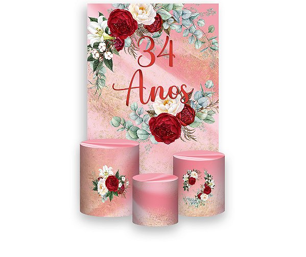 Painel De Festa Vertical 1,50 x 2,20 + Trio De Capas Cilindro - Efeito Mármore Floral 34 Anos 164