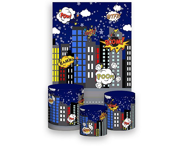 Painel De Festa Vertical 1,50 x 2,20 + Trio De Capas Cilindro - Cidade Herois Pop Art Noite 002