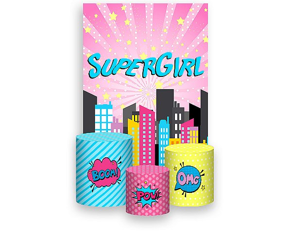 Painel De Festa Vertical 1,50 x 2,20 + Trio De Capas Cilindro - SuperGirl HQ Cute 004