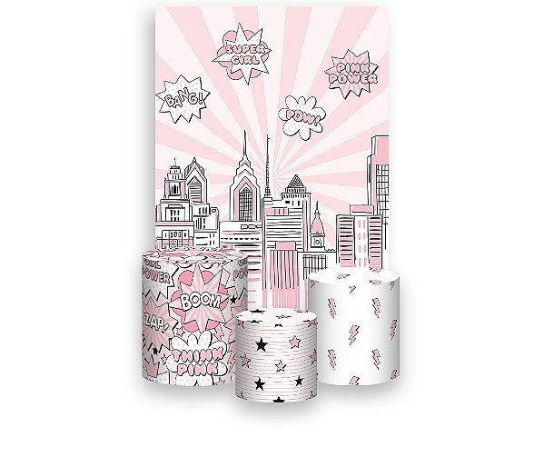 Painel De Festa Vertical 1,50 x 2,20 + Trio De Capas Cilindro - Super Heroína Rosa 014