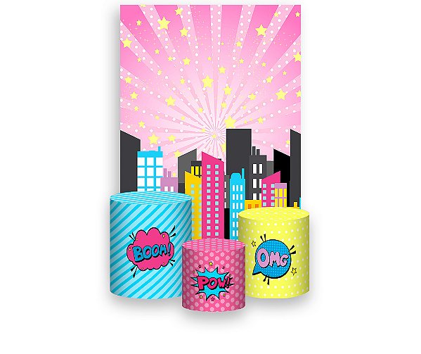 Painel De Festa Vertical 1,50 x 2,20 + Trio De Capas Cilindro - Cidade Super Heroína Rosa 015