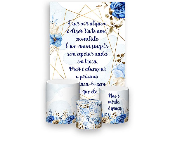 Painel De Festa Vertical 1,50 x 2,20 + Trio De Capas Cilindro - Religioso Floral Azul 020