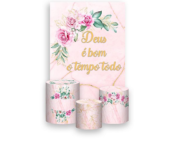 Painel De Festa Vertical 1,50 x 2,20 + Trio De Capas Cilindro - Deus é Bom Efeito Mármore Rosa 042