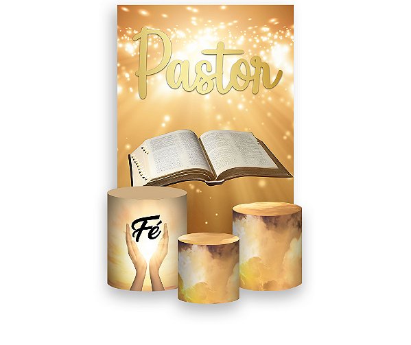 Painel De Festa Vertical 1,50 x 2,20 + Trio De Capas Cilindro - Pastor Bíblia Efeito Iluminado 043