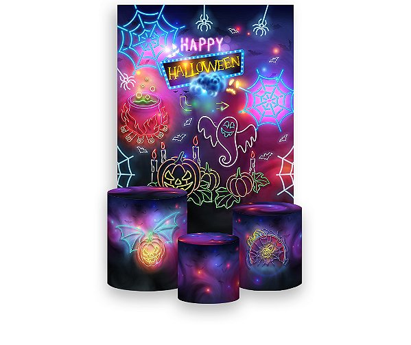 Painel De Festa Vertical 1,50 x 2,20 + Trio De Capas Cilindro - Halloween Efeito Neon 007