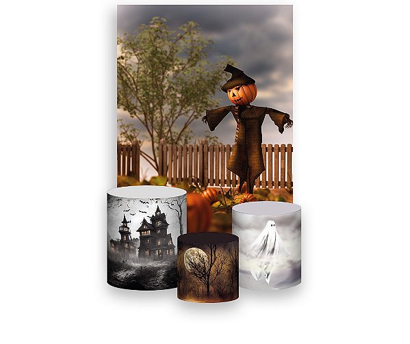 Painel De Festa Vertical 1,50 x 2,20 + Trio De Capas Cilindro - Halloween Abóbora Espantalho 009