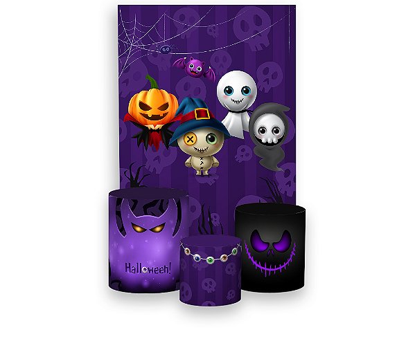 Painel De Festa Vertical 1,50 x 2,20 + Trio De Capas Cilindro - Halloween Fantasmas Cute 011