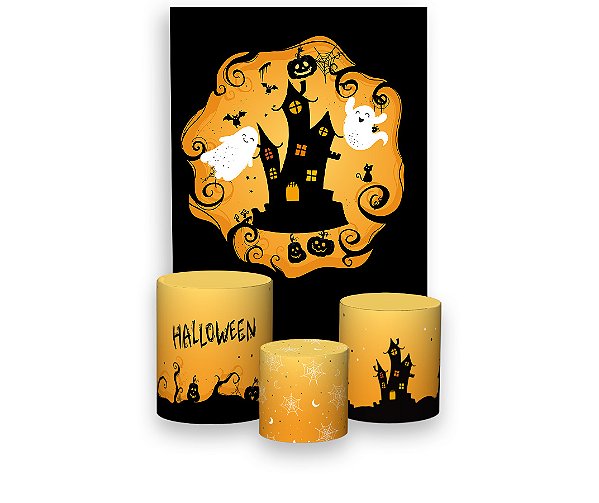 Painel De Festa Vertical 1,50 x 2,20 + Trio De Capas Cilindro - Halloween Laranja Fantasmas 014