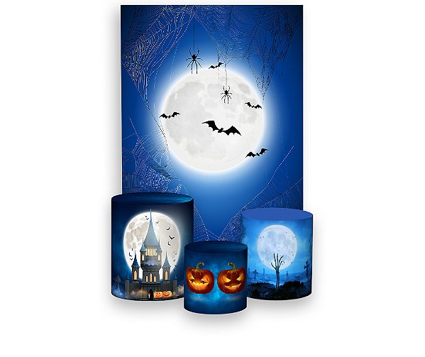 Painel De Festa Vertical 1,50 x 2,20 + Trio De Capas Cilindro - Halloween Cemitério 019