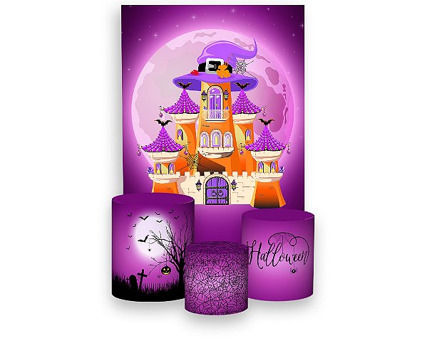 Painel De Festa Vertical 1,50 x 2,20 + Trio De Capas Cilindro - Halloween Roxo Casa da Bruxa 024