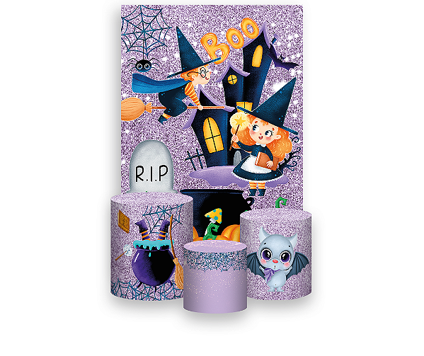 Painel De Festa Vertical 1,50 x 2,20 + Trio De Capas Cilindro - Halloween Cute Efeito Glitter Lilás 029