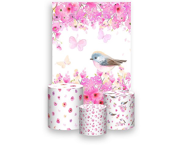 Painel De Festa Vertical 1,50 x 2,20 + Trio De Capas Cilindro - Jardim Passarinho e Flores 009