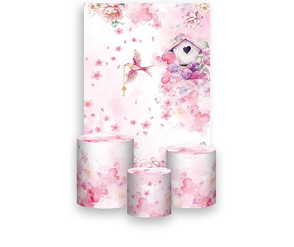 Painel De Festa Vertical 1,50 x 2,20 + Trio De Capas Cilindro - Jardim Passarinhos Rosa Menina 011