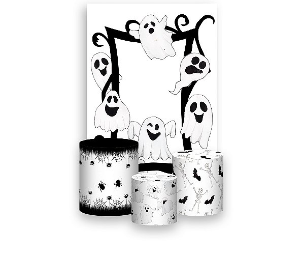 Painel De Festa Vertical 1,50 x 2,20 + Trio De Capas Cilindro - Fantasmas Halloween Preto e Branco 036