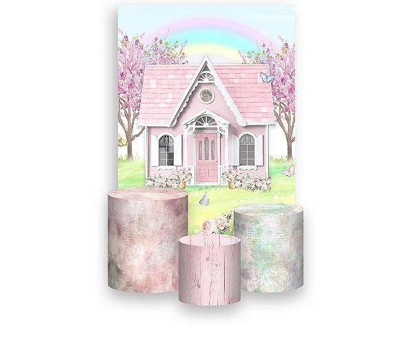 Painel De Festa Vertical 1,50 x 2,20 + Trio De Capas Cilindro - Jardim com Casinha E Arco-íris 016