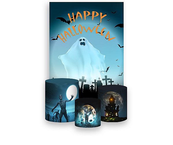 Painel De Festa Vertical 1,50 x 2,20 + Trio De Capas Cilindro - Halloween Fantasma Tenebroso 040