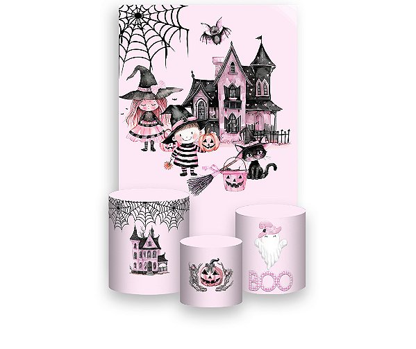 Painel De Festa Vertical 1,50 x 2,20 + Trio De Capas Cilindro - Halloween Cute Rosa 041