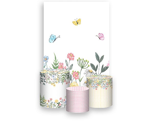 Painel De Festa Vertical 1,50 x 2,20 + Trio De Capas Cilindro - Jardim de Flores E Borboleta Aquarela 027