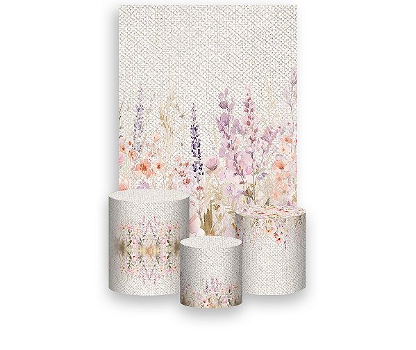 Painel De Festa Vertical 1,50 x 2,20 + Trio De Capas Cilindro - Jardim Floral Efeito de Linho 035