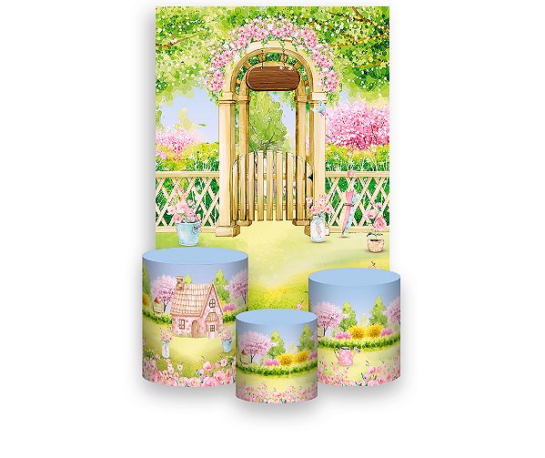 Painel De Festa Vertical 1,50 x 2,20 + Trio De Capas Cilindro - Jardim Porta Flores Rosas 044