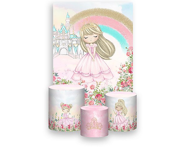 Painel De Festa Vertical 1,50 x 2,20 + Trio De Capas Cilindro - Jardim Rosa Princesa Loira 048