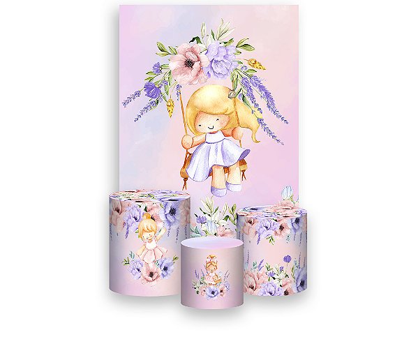 Painel De Festa Vertical 1,50 x 2,20 + Trio De Capas Cilindro - Jardim Rosa e Lilás com Boneca Loira 052