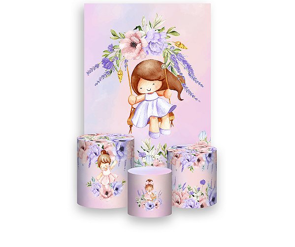 Painel De Festa Vertical 1,50 x 2,20 + Trio De Capas Cilindro - Jardim Rosa e Lilás com Boneca Morena 054
