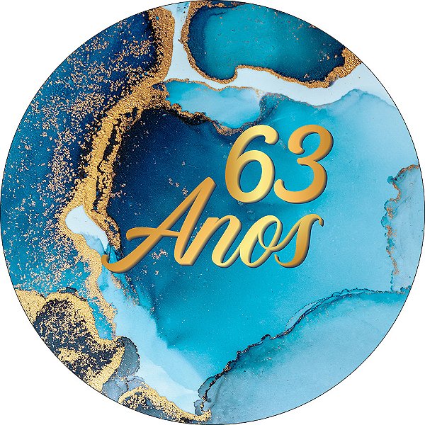 Painel De Festa Redondo 1,50x1,50 - Efeito Mármore Azul com Dourado 63 Anos 308