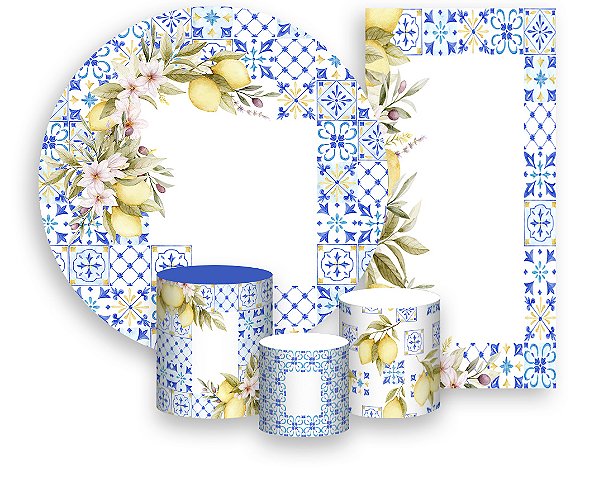 Painel De Festa + Trio De Capas Cilindro + Faixa Veste Fácil - Azulejo Azul com Limões Sicilianos 026