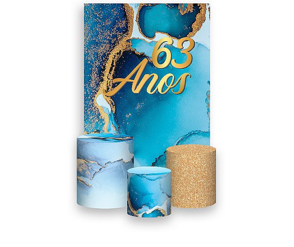 Painel De Festa Vertical 1,50 x 2,20 + Trio De Capas Cilindro - 63 Anos Efeito Mármore Azul e Dourado 194